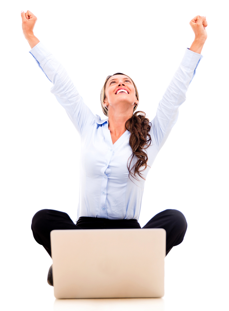 Successful business woman with a laptop - isolated over a white background